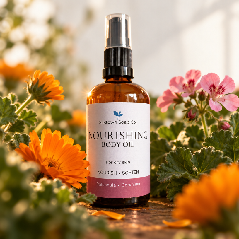 An amber glass spray bottle of Silktown Soap Co. Nourishing Body Oil stands on a wooden surface, surrounded by orange flowers and green leaves in a softly blurred garden setting.