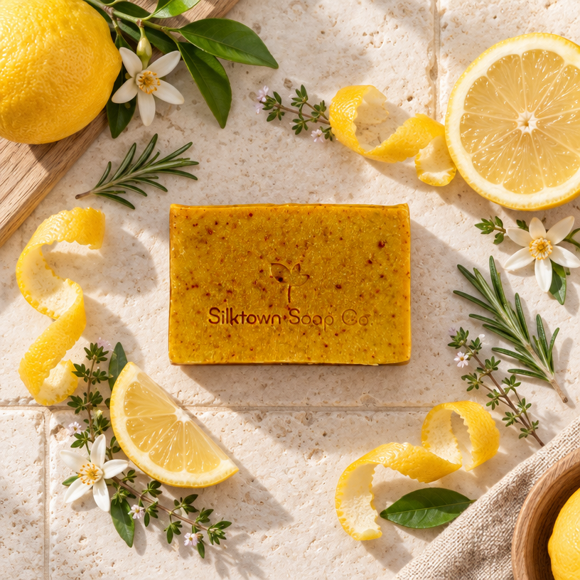 A rectangular bar of yellow soap with &