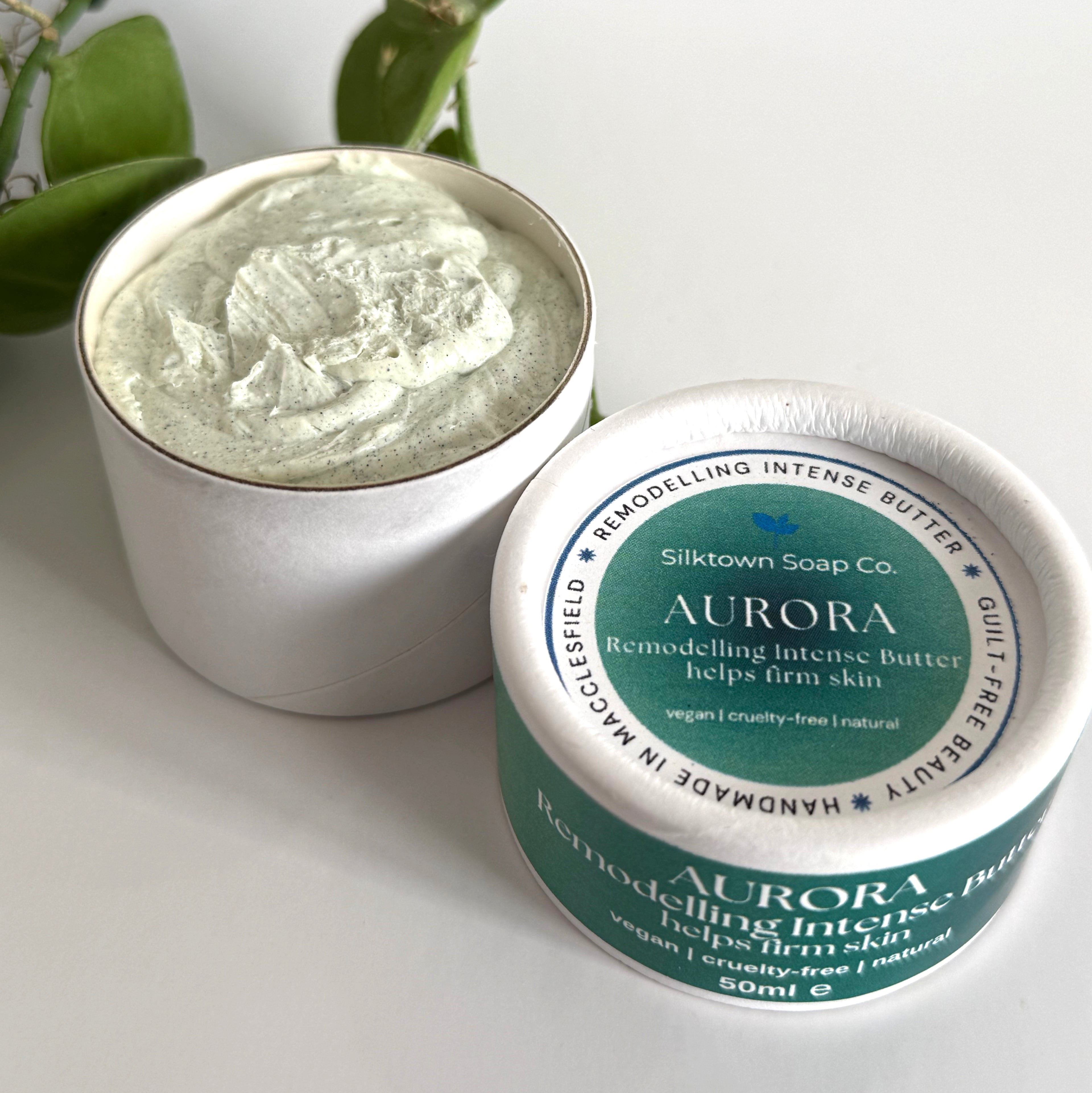 Silktown Soap Co. Aurora Remodelling Intense Butter with lid off on a light background