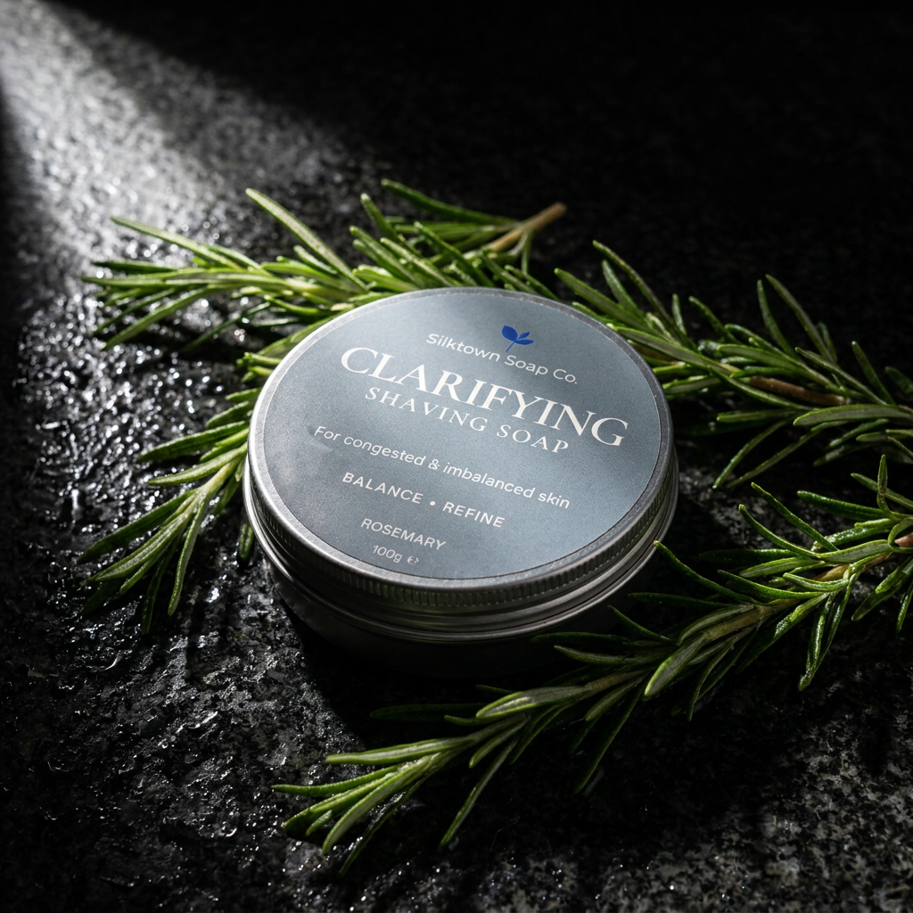 A round metal tin of Silktown Soap Co Clarifying Shaving Soap, surrounded by fresh green rosemary sprigs on a dark, textured surface with dramatic side lighting.