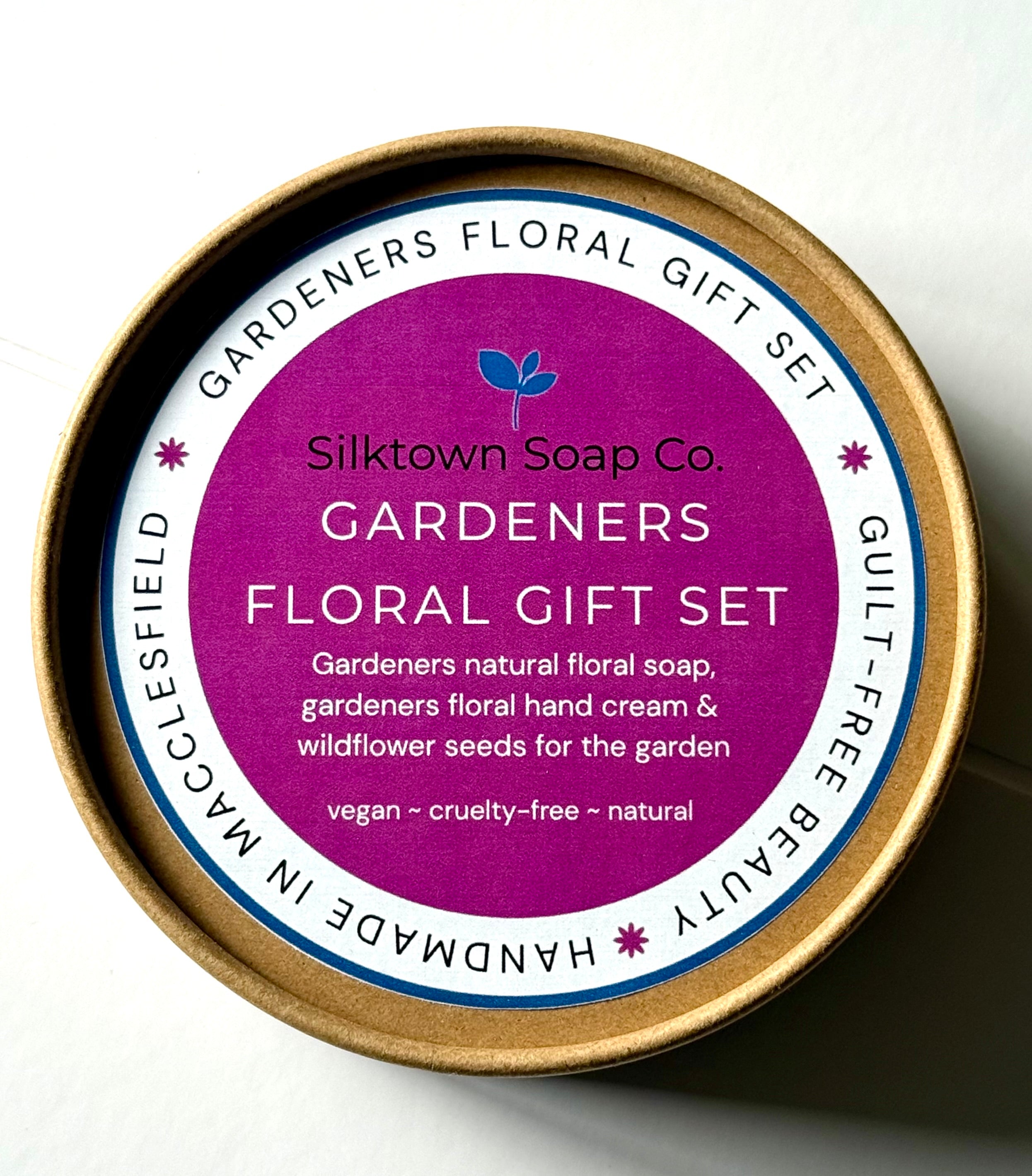Silktown Soap Co. Gardeners Floral Gift Natural Skincare Set packaging on a white background
