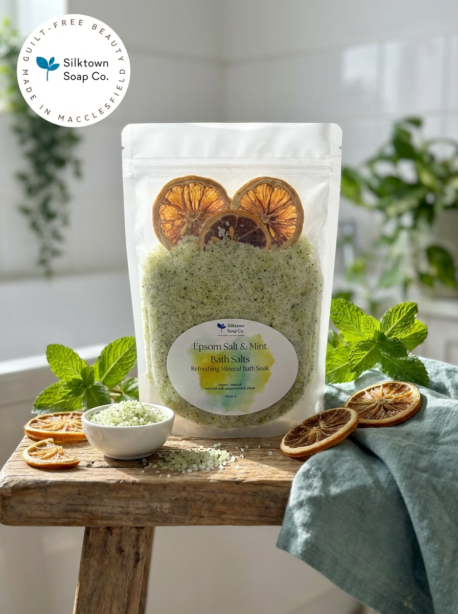 Epsom_Salt_Mint_bath_salts on a stool with salt and botanicals