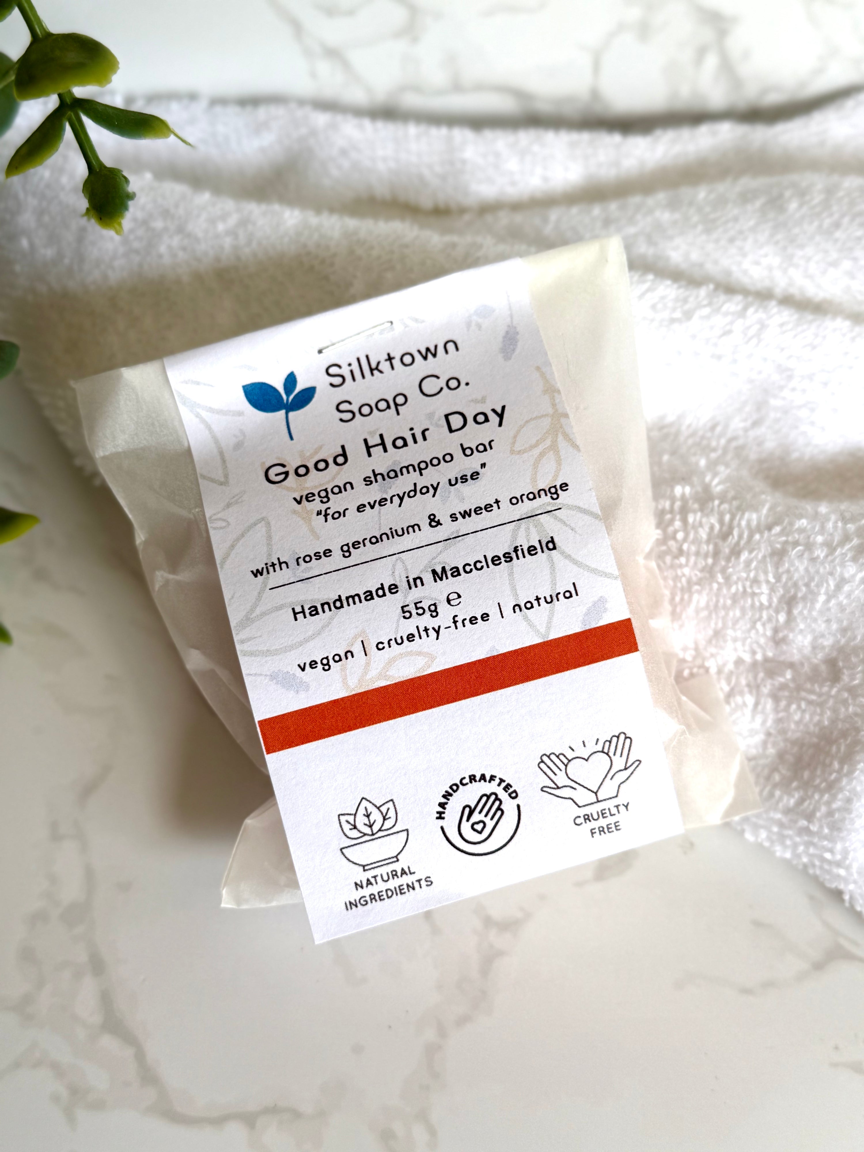 Silkstown Soap Co. Natural Shampoo Bar - Good Hair Day with label on a white towel