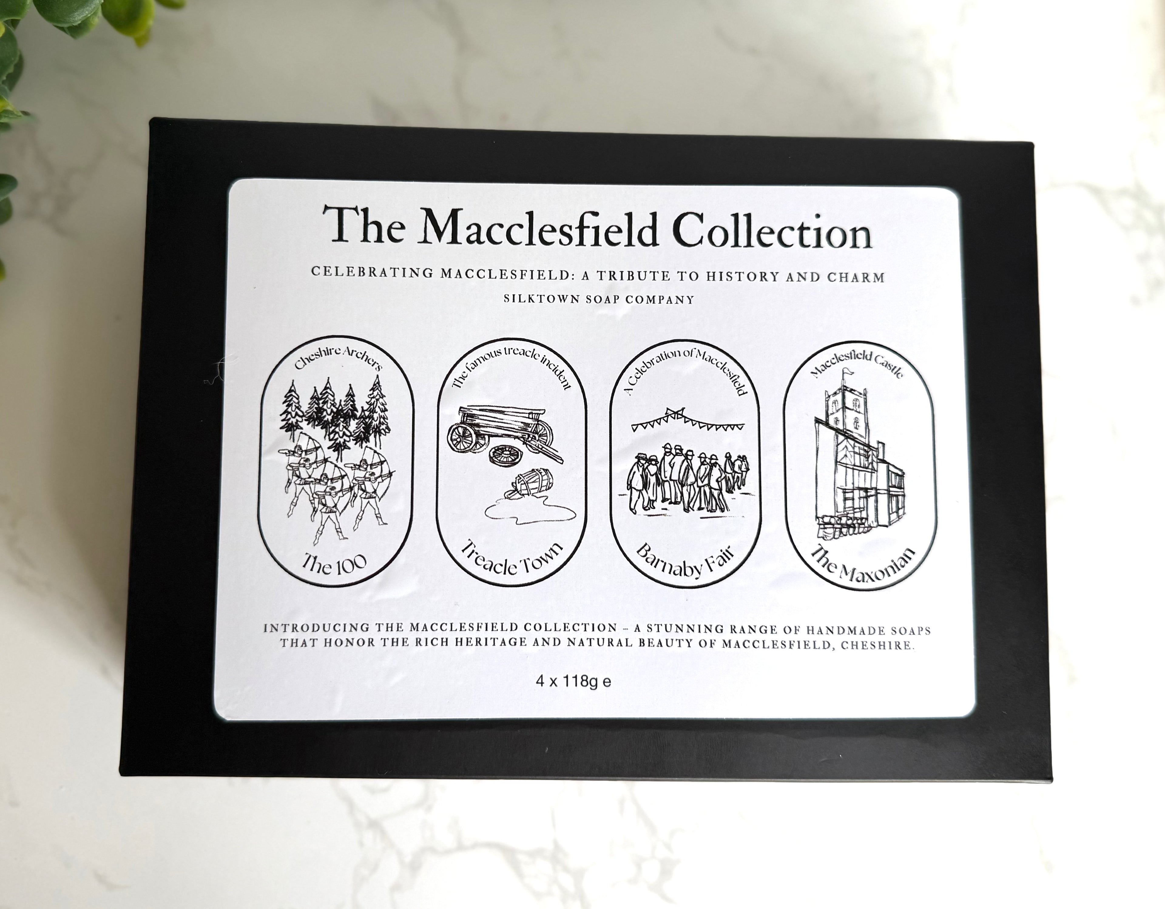 Macclesfield Collection packaging with black border and white label on a light background