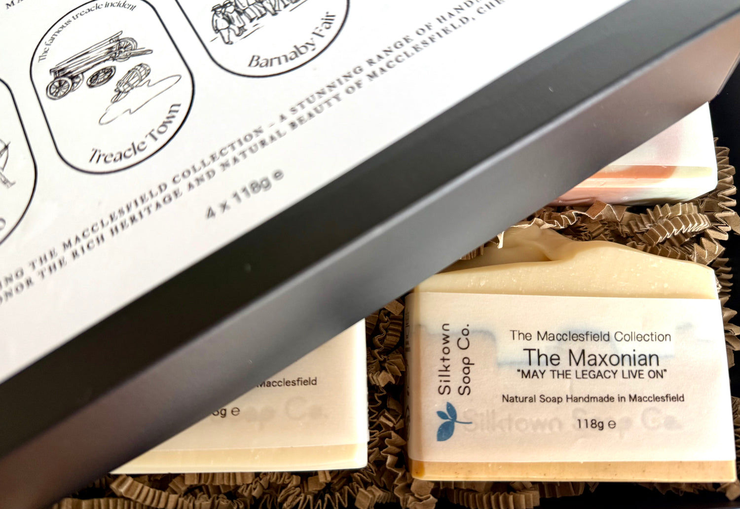 Natural Soap Gift Set - The Macclesfield Collection with packaging in the background
