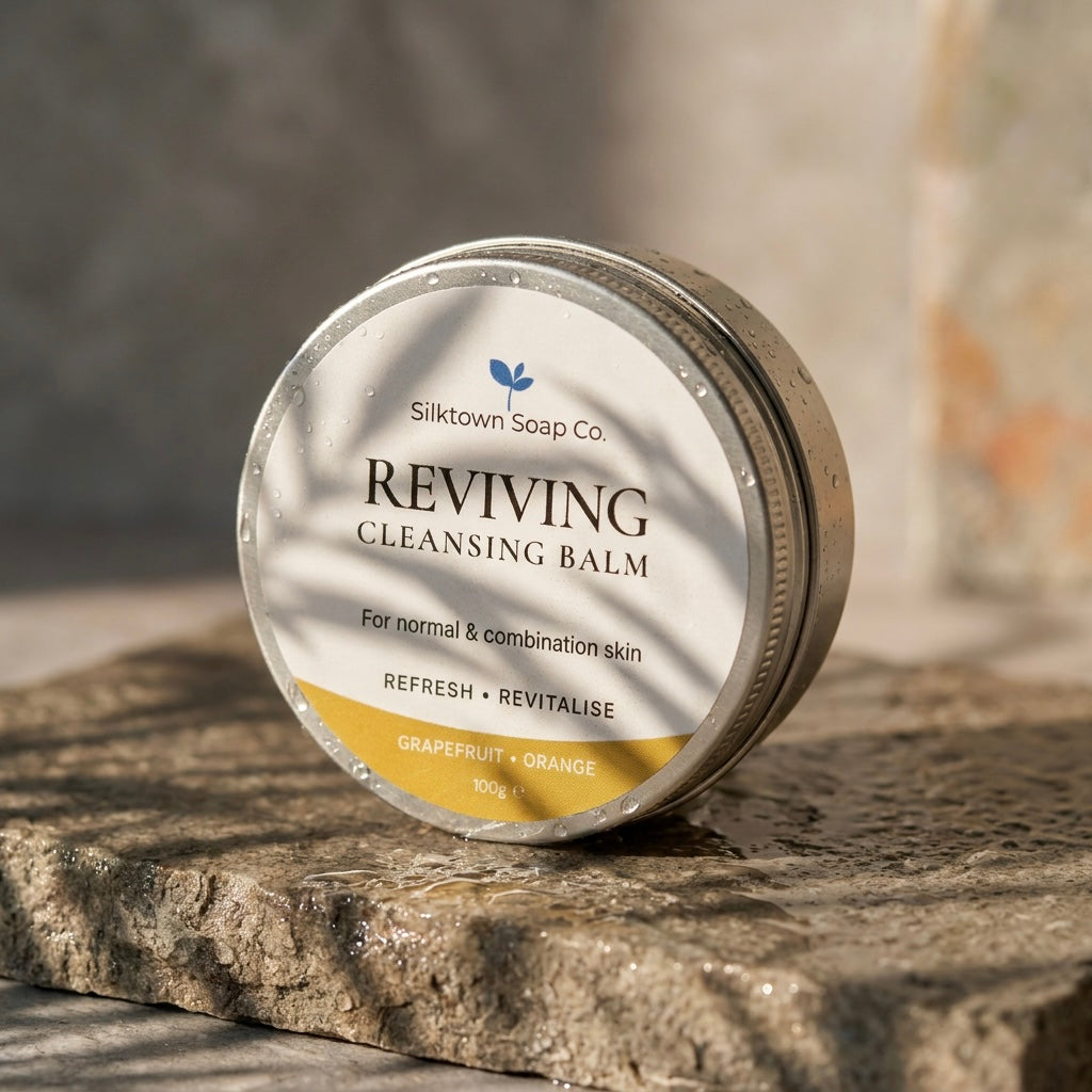 A round metal tin of Silktown Soap Co. Reviving Cleansing Balm sits on a textured stone surface in natural light with soft shadows.