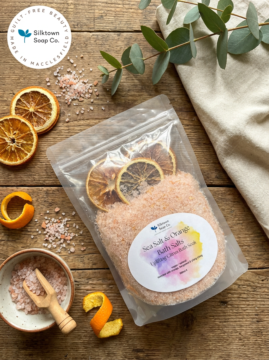 Sea salt & orange bath salt surrounded by slat and citrus slices and a towel