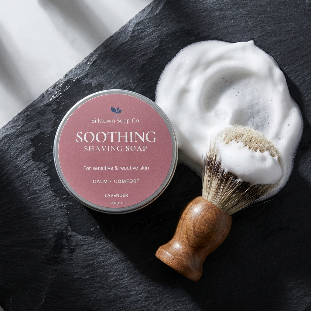 Soothing shaving soap in a tin with suds and shaving brush on slate