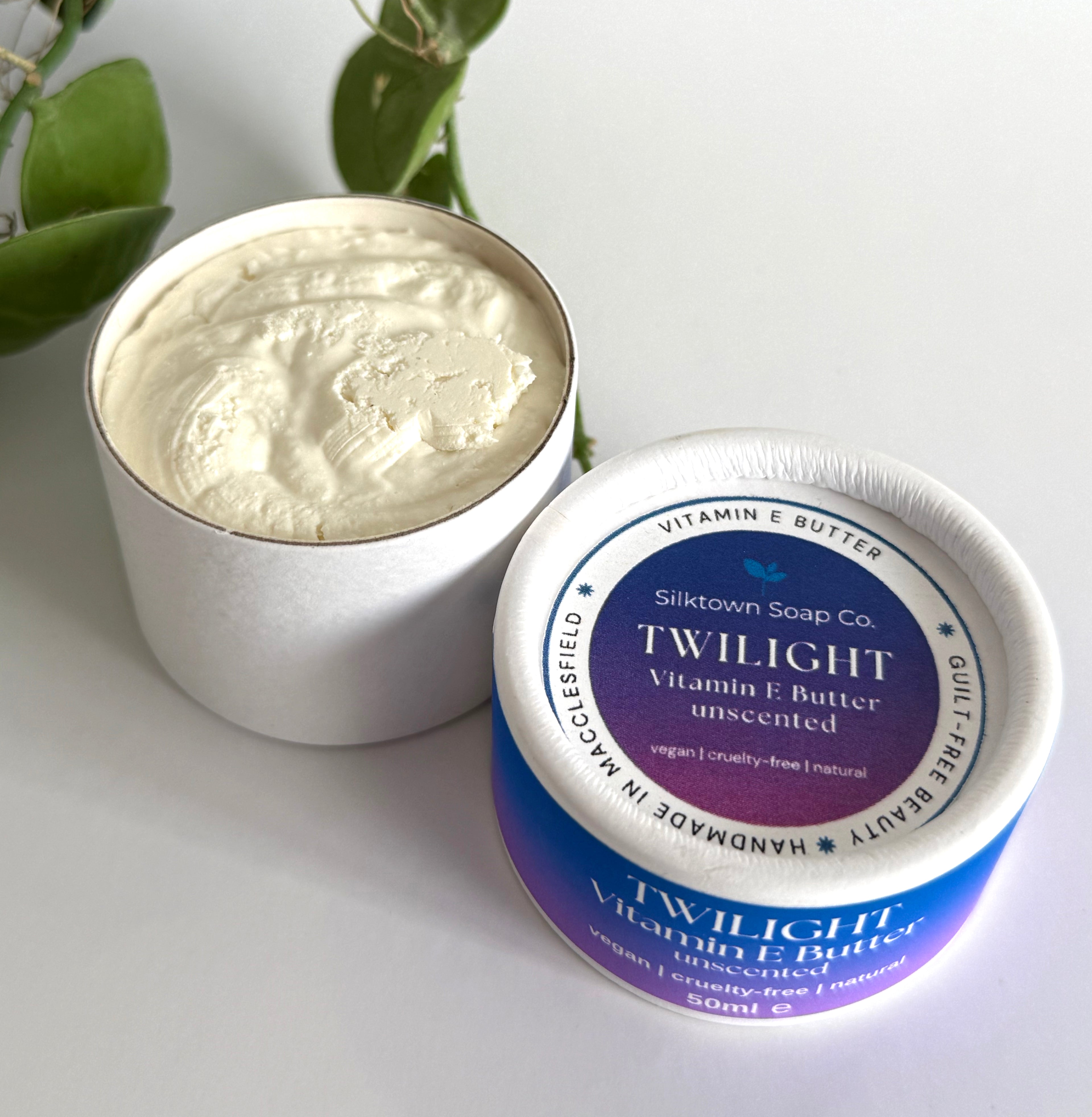 Silktown Soap Co. Twilight Vitamin E Butter container with lid off on a white background