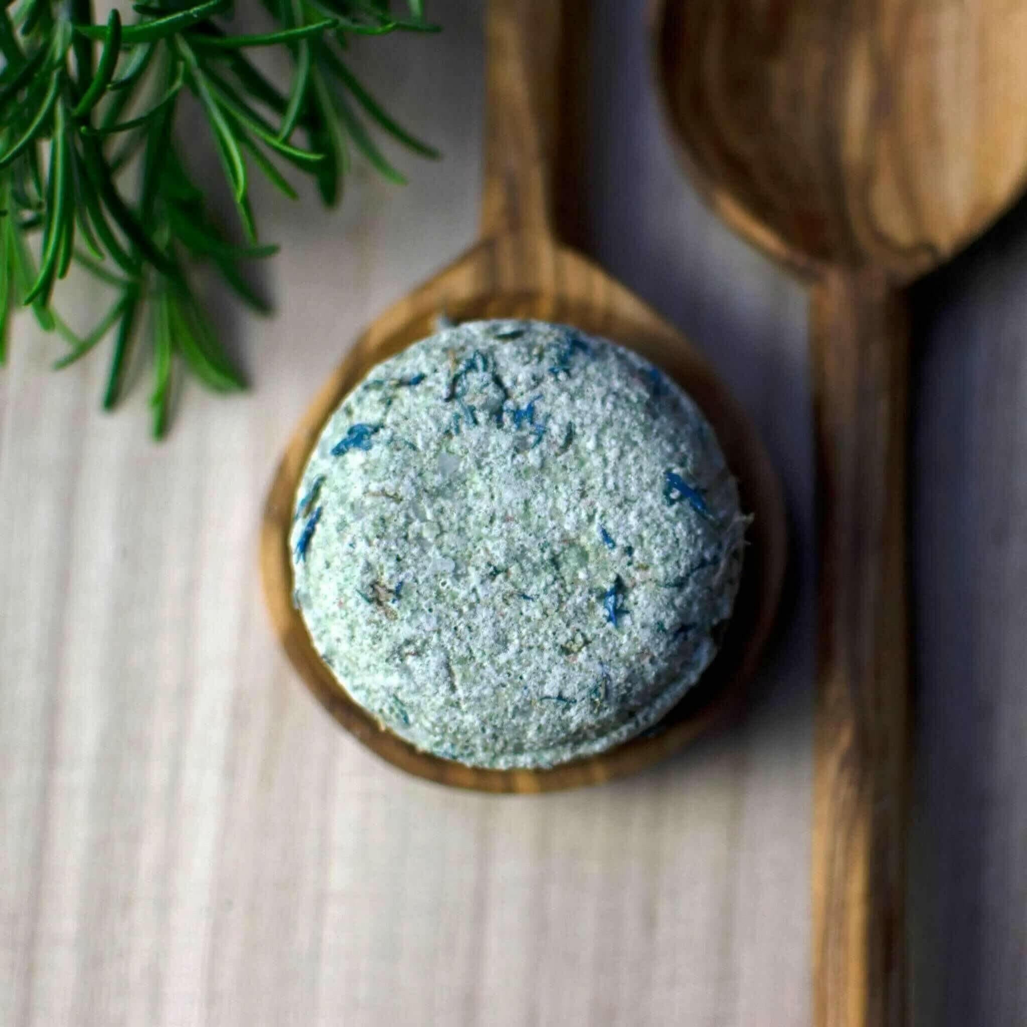 Barefoot in the Park Natural Bath Bomb with wooden spoons and foliage