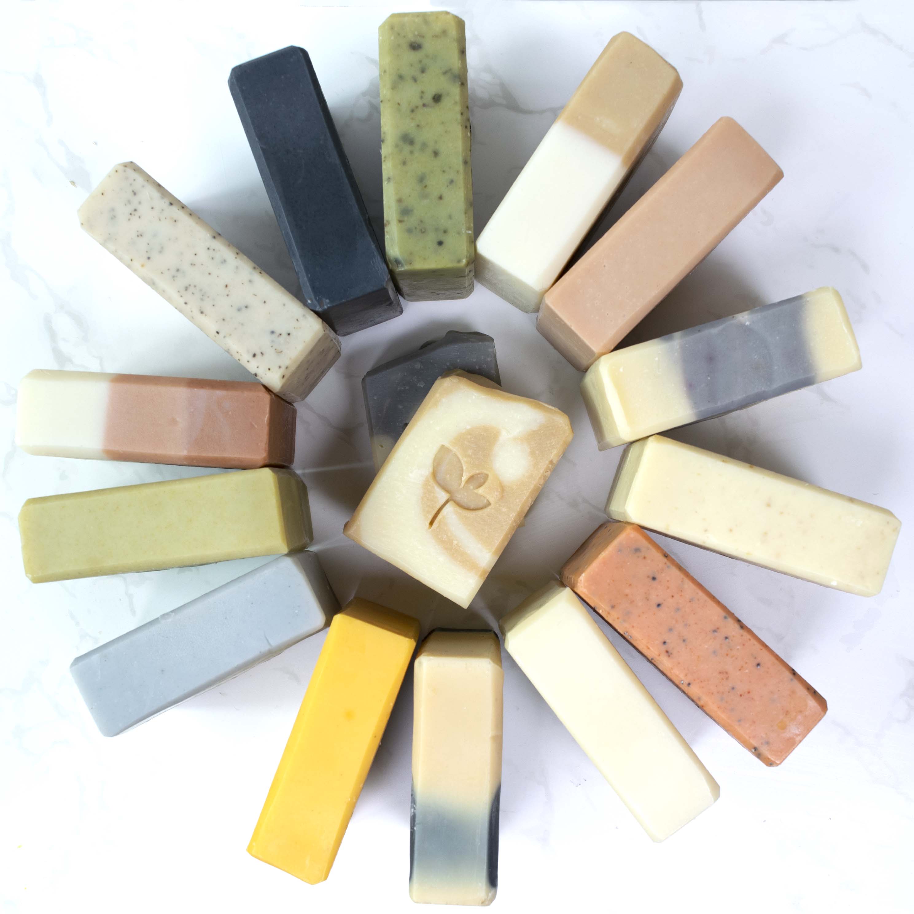 Selection of handmade natural soaps from Silktown Soap Company in a circle