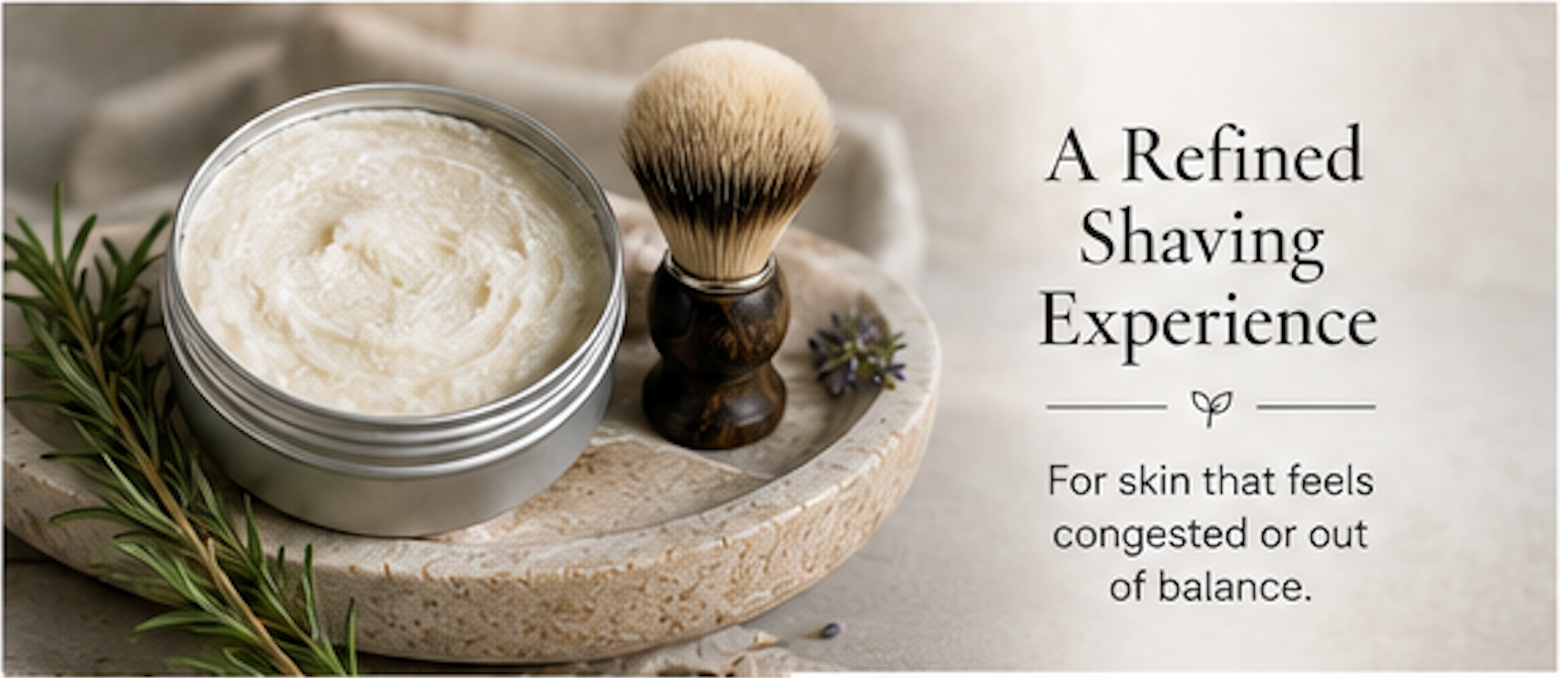 Jar of shaving cream with a brush and rosemary on a stone surface, text about a refined shaving experience.