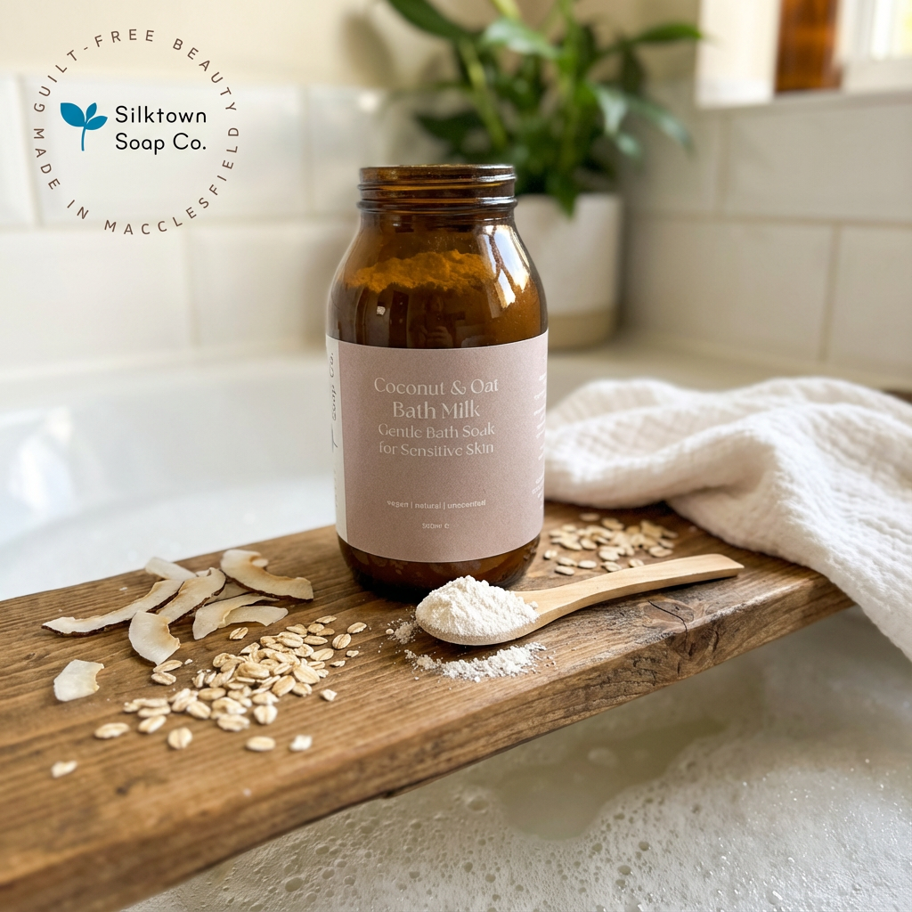 Bottle of coconut and oat bath milk on a wooden board with ingredients in a bathroom setting, featuring Silktown Soap Co. branding.