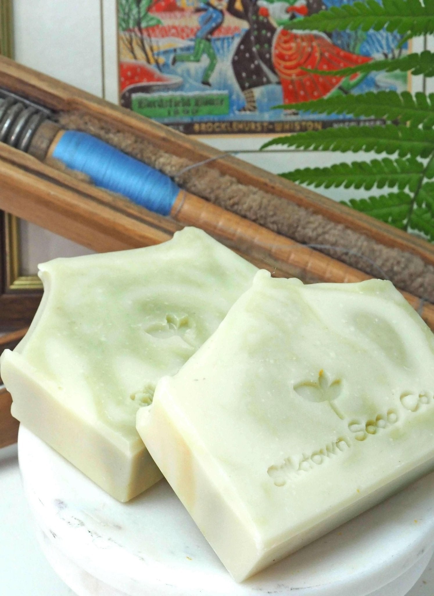 peppermint silk natural soap bars with a silk bobbin and silk picture