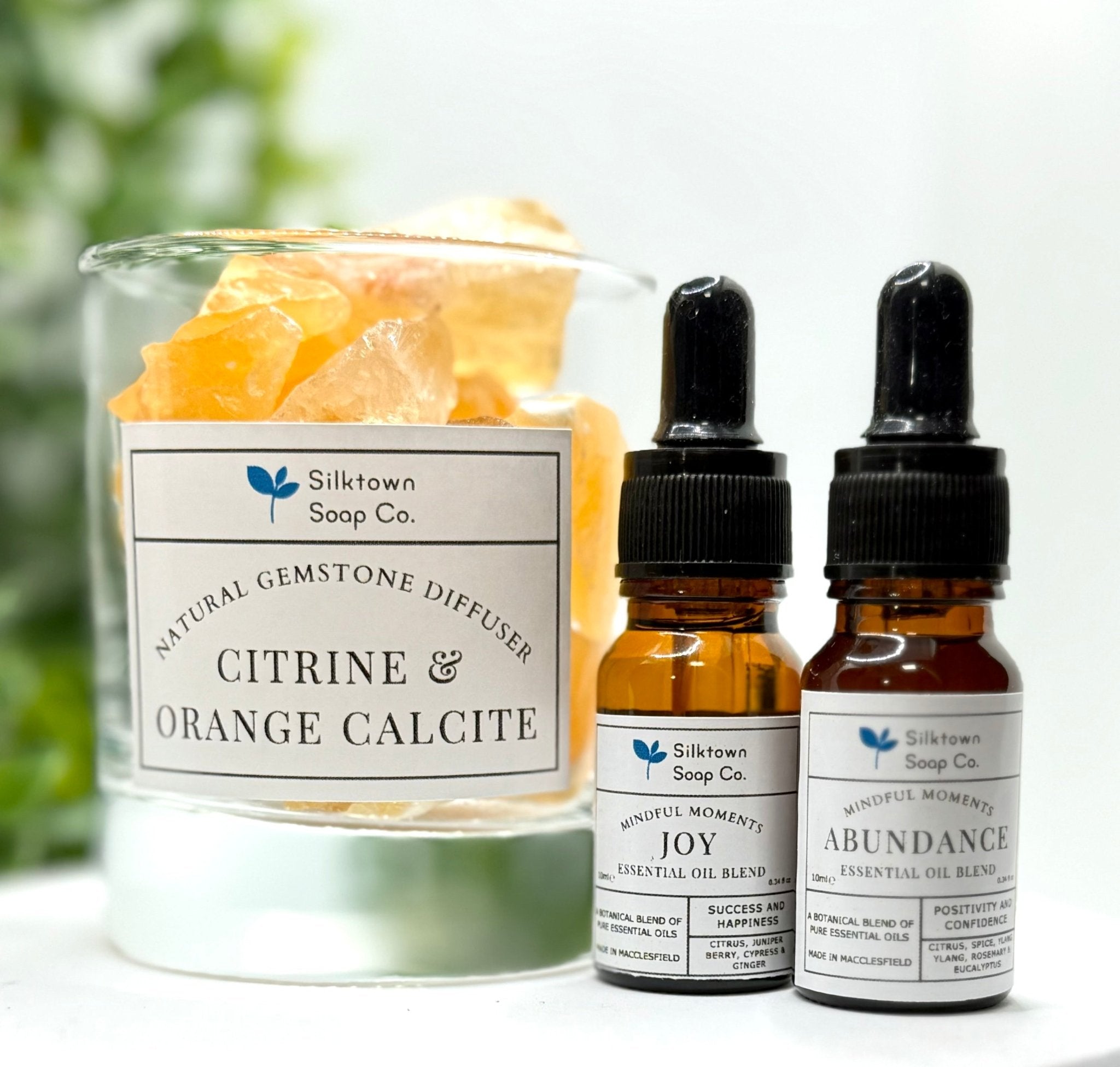 Natural Gemstone Diffuser and essential oil - Citrine & Orange Calcite and blends- Silktown Soap Company
