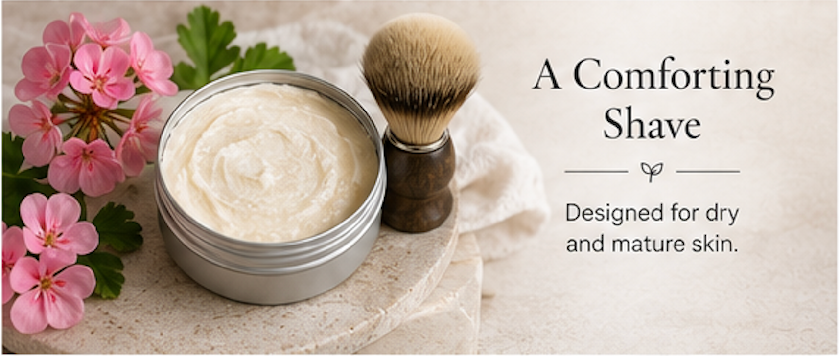 Jar of shaving cream with a brush and pink flowers on a light background
