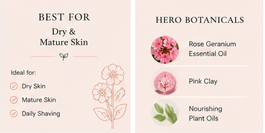 Product label for dry and mature skin care with botanicals and essential oils.