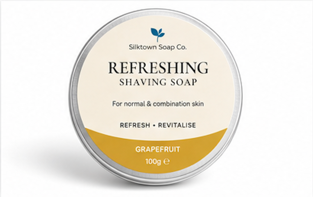SilkTown Soap Co. refreshing shaving soap tin on a white background