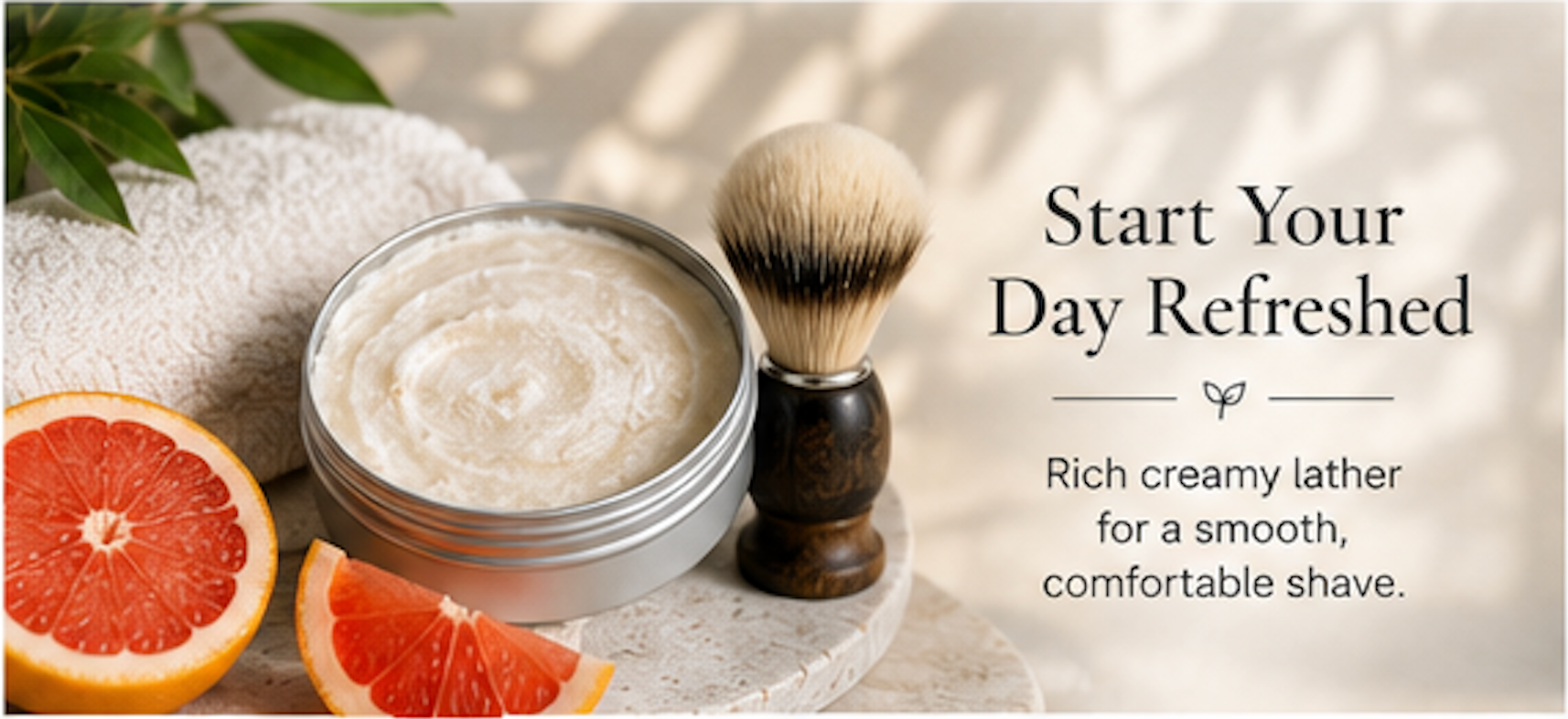 Shaving cream bowl with brush, soap, and citrus fruits on a light background with text.