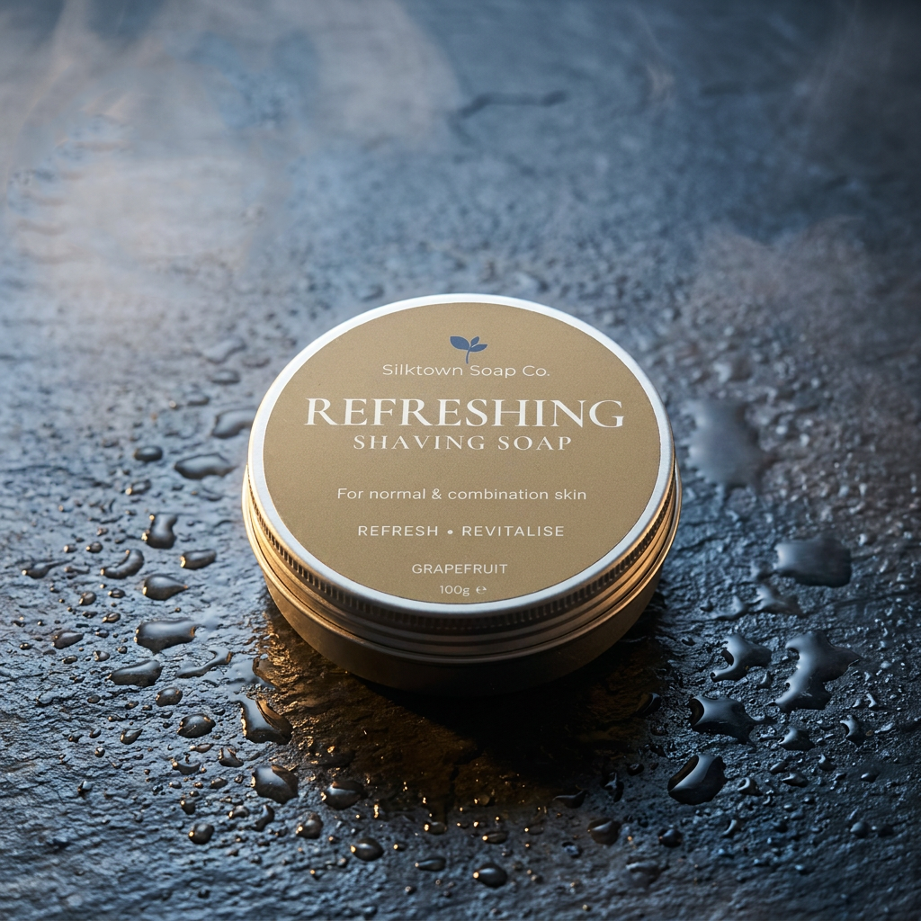 A round tin of Silktown Soap Co. Refreshing Shaving Soap on a dark, wet stone-like surface with water droplets.
