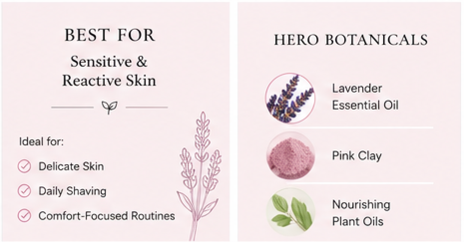 Product label for sensitive and reactive skin with lavender essential oil, pink clay, and nourishing plant oils.