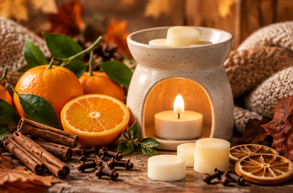 Autumn wax met in a burner with botanicals and fruit