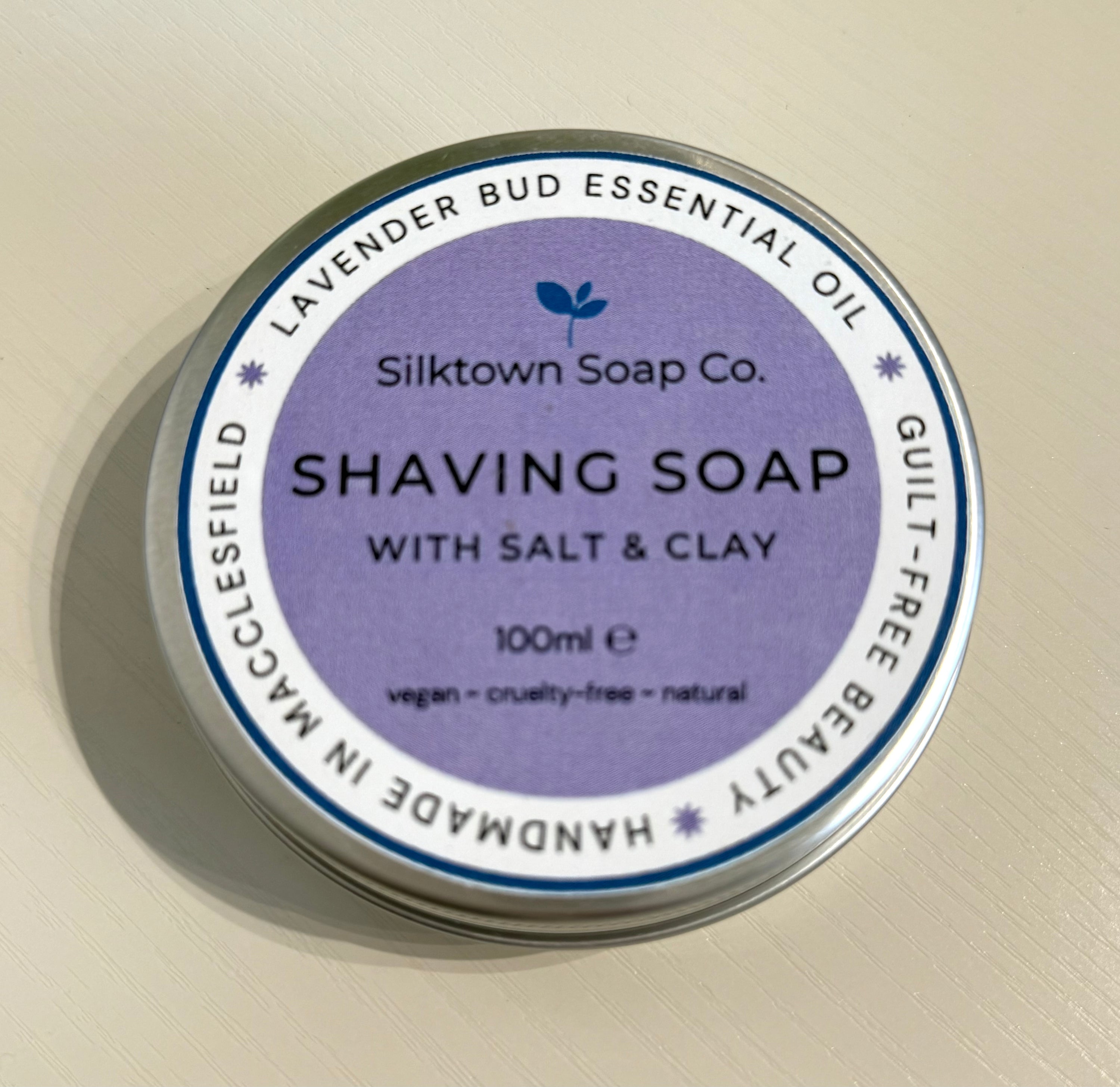 tin of open tin of Natural Soap for Shaving - Lavender