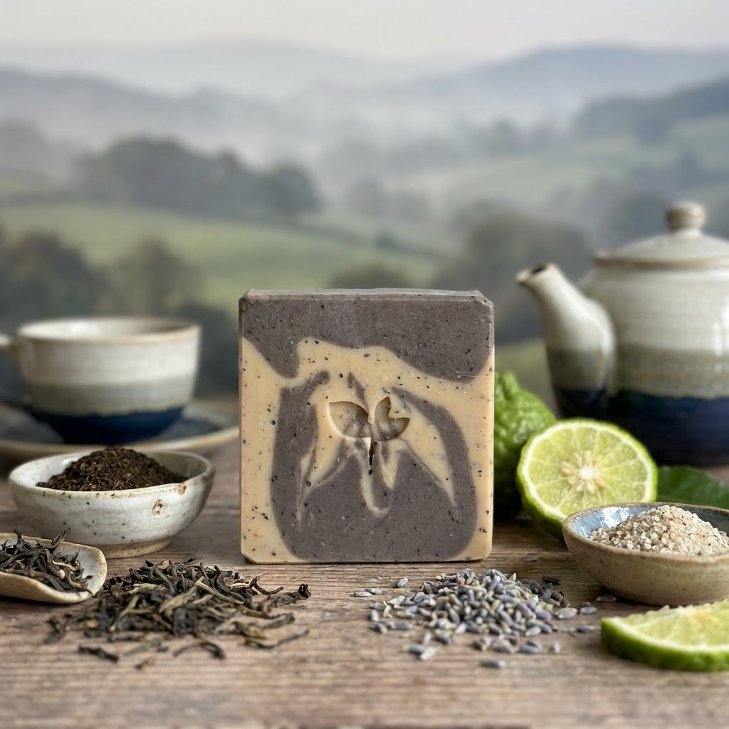 Bar of soap with tea leaves and herbs on a wooden surface with a scenic background