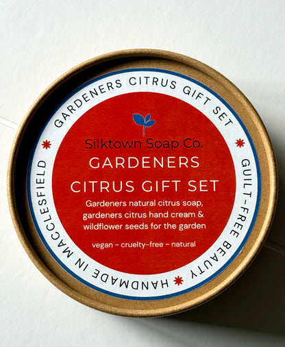 SilkTown Soap Co. Gardeners Citrus Gift Natural Skincare Set packaging on a white background