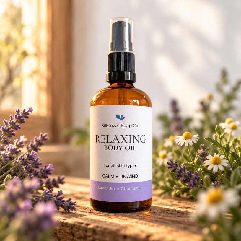 An amber glass spray bottle of Silktown Soap Co. Relaxing Body Oil stands on a rustic wooden surface surrounded by lavender, chamomile flowers, and soft natural light.