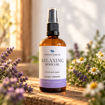 An amber glass spray bottle of Silktown Soap Co. Relaxing Body Oil stands on a rustic wooden surface surrounded by lavender, chamomile flowers, and soft natural light.
