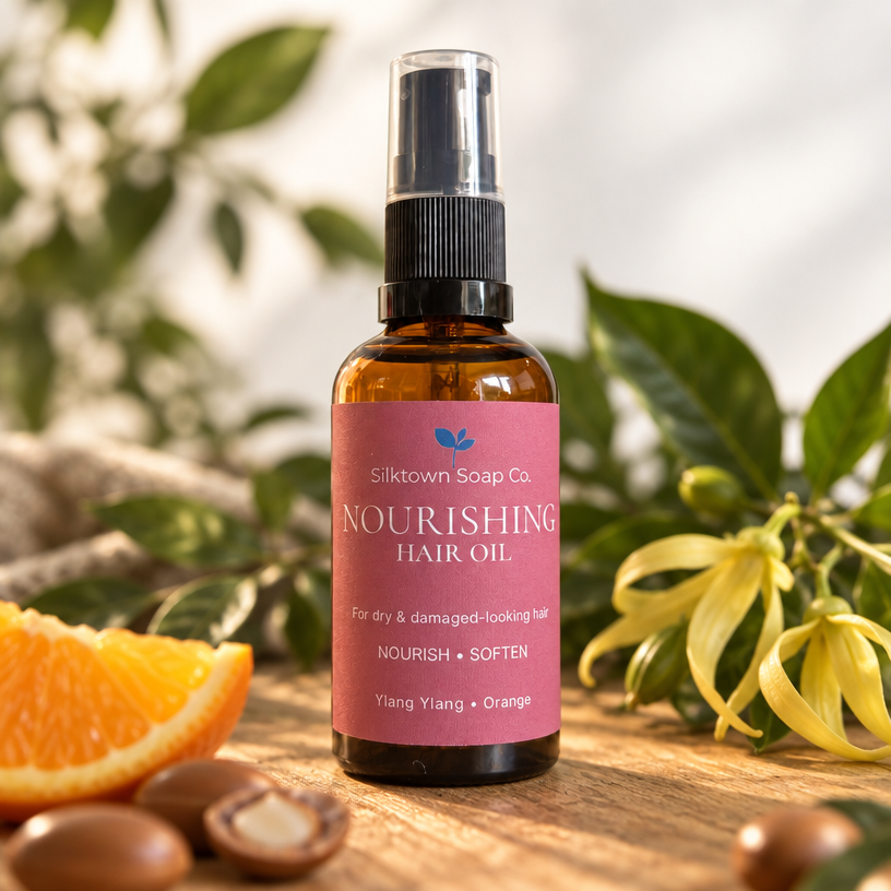 A bottle of Silktown Soap Co. Nourishing Hair Oil in the Orange scent, styled on a wooden surface, an orange slice, and a ylang ylang flower against a soft-focus background of green leaves.