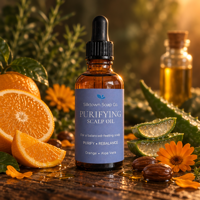 A bottle of Silktown Soap Co. Purifying Scalp Oil stands on a rustic wooden surface surrounded by orange slices, aloe vera, flowers, and a small amber bottle in the background.
