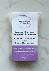 French Lavender and Rose Geranium Aromatherapy Shower Steamer packaged