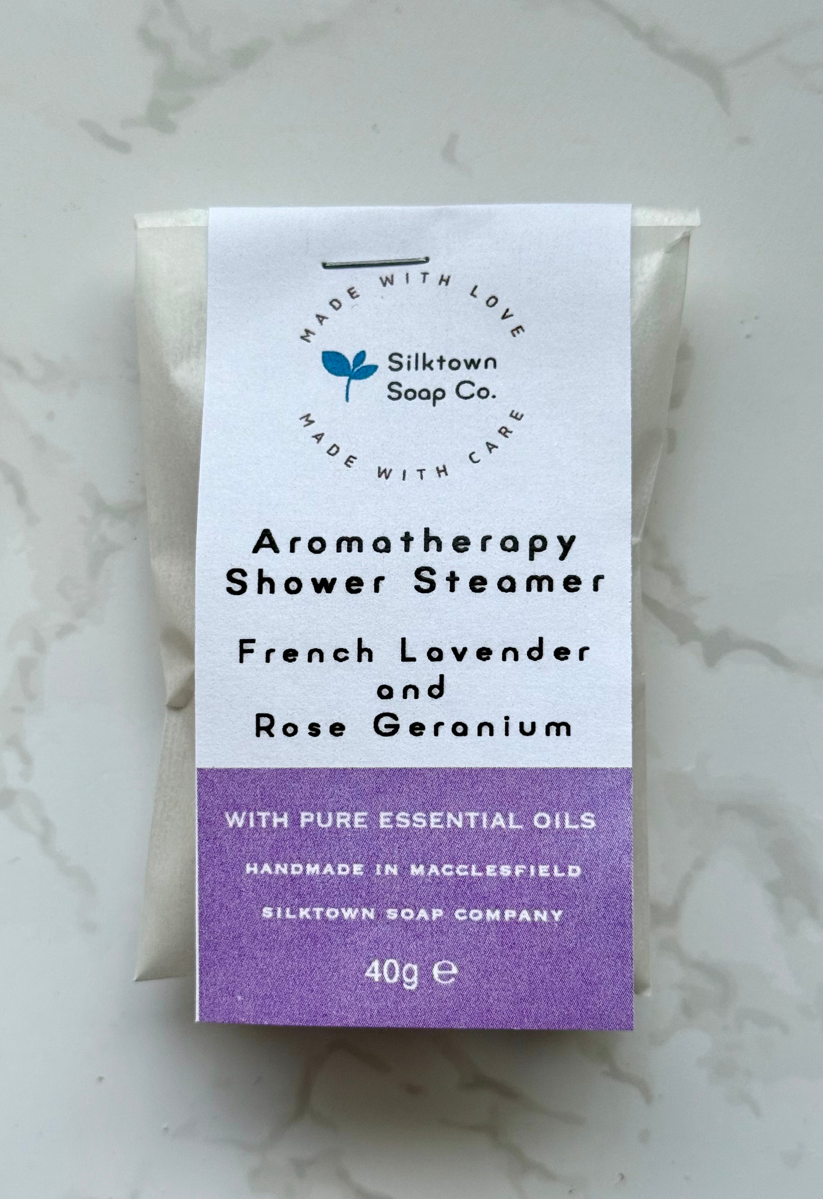 French Lavender and Rose Geranium Aromatherapy Shower Steamer packaged