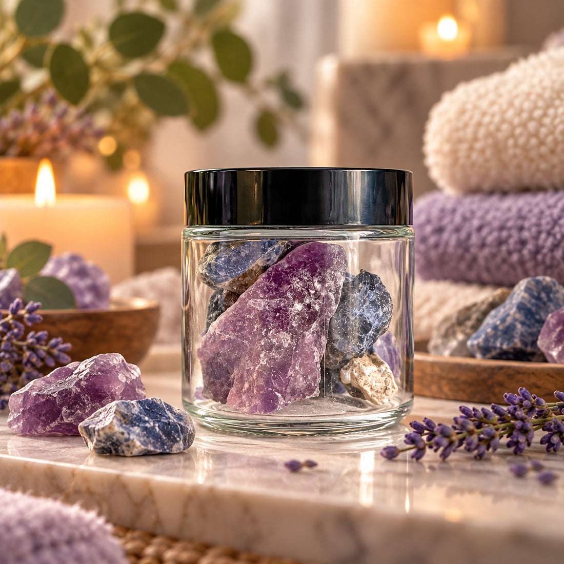 A clear glass jar with a black lid, filled with purple and blue crystals, set on a marble surface with lavender, candles, and folded towels in the background.