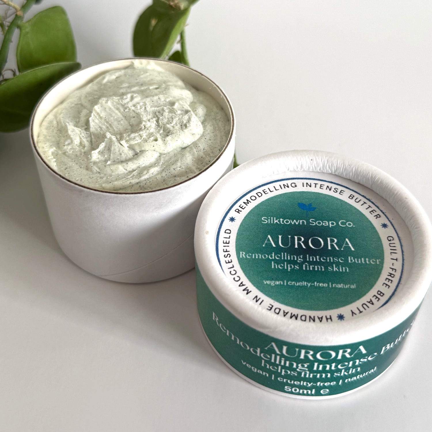 Silktown Soap Co. Aurora Remodelling Intense Butter with lid off on a light background