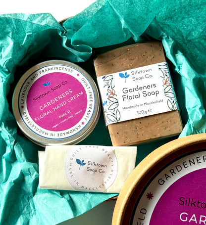 Silktown Soap Co. Natural Skincare products including a tin of gardeners&