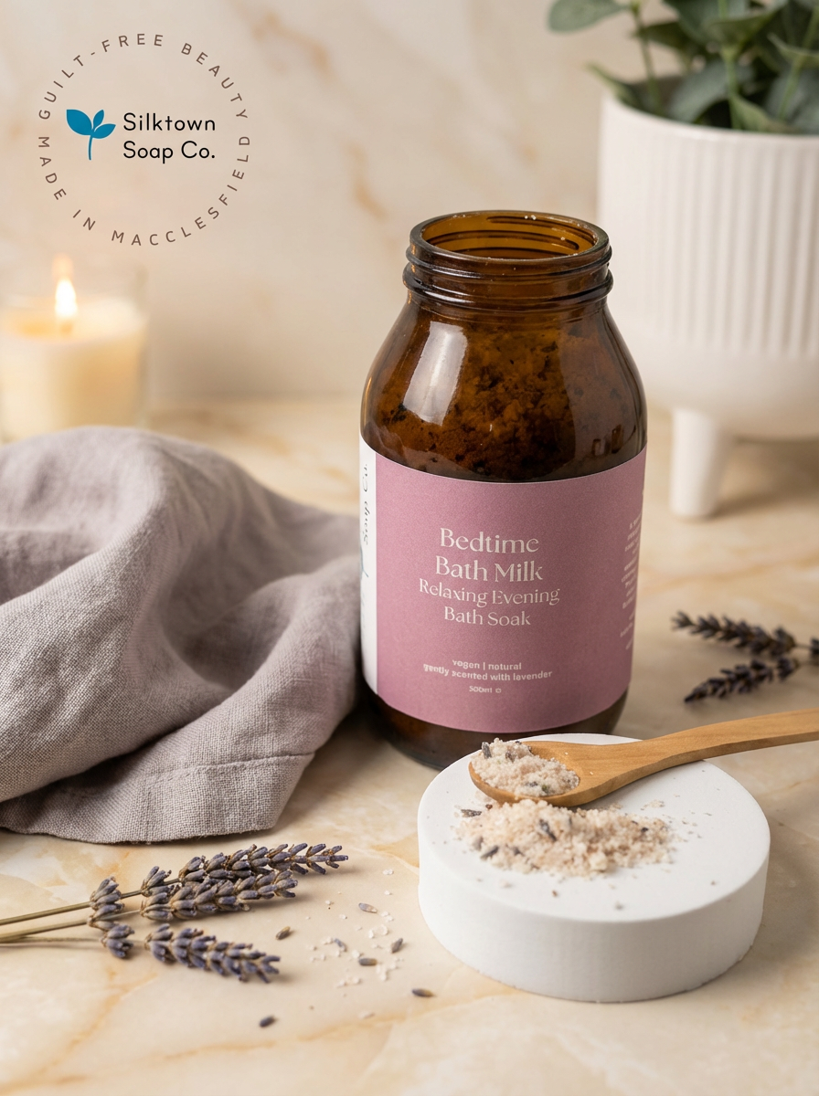 Silktown Soap Co. Bedtime bath milk jar with lavender and wooden spoon on a neutral background