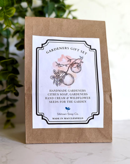Gardeners gift set packaging with a label on a white background