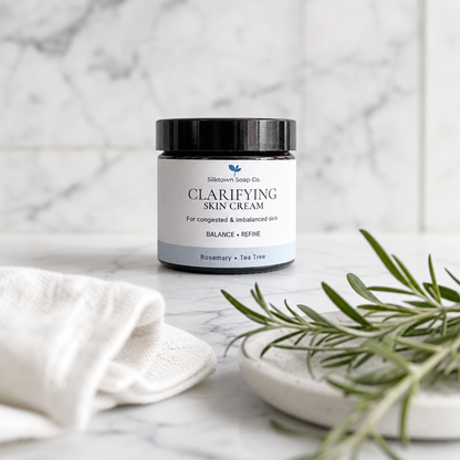 A jar of Silktown Soap Co. Clarifying Skin Cream sits on a white marble surface with a folded white towel and rosemary sprigs in the foreground.
