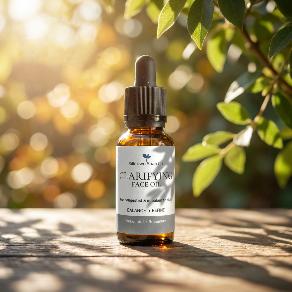 Clarifying face oil on a wooden table in the sunshine