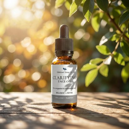 Clarifying face oil on a wooden table in the sunshine