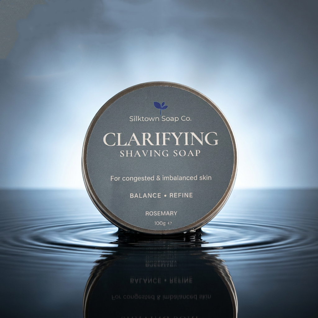 A round tin of Silktown Soap Co. Clarifying Shaving Soap, Rosemary scent, shown standing on water with ripples and a reflection.