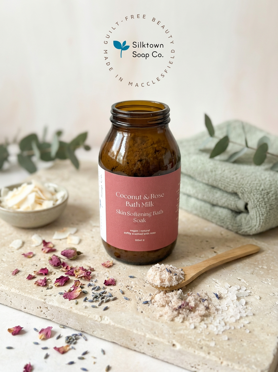 Silktown Soap Co. coconut and rose bath milk jar on a wooden board with bath salts and flowers.