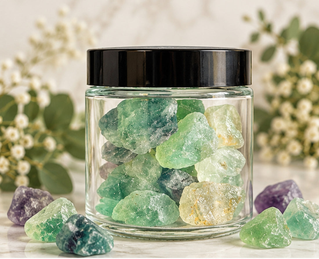 A clear glass jar with a black lid filled with green gemstone crystals, set on a light marble surface with additional green, purple, and blue crystals scattered around it. Soft white flowers and green leaves are blurred in the background.