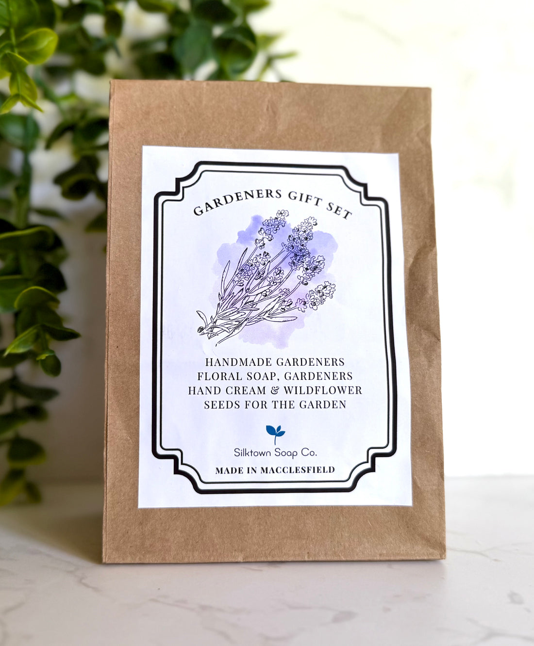 Gardeners gift set packaging with a label on a white background