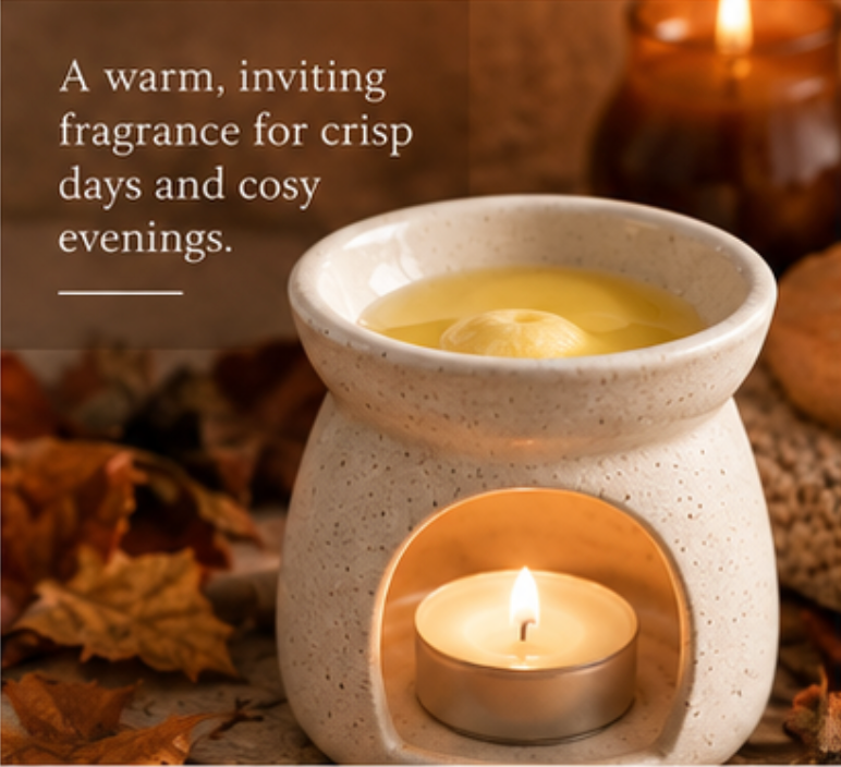 A speckled cream ceramic wax warmer with a lit tealight candle inside, set on a rustic surface with autumn leaves and warm candles in the background. Text on the left reads, &
