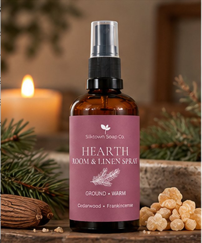 Silktown Soap Co. Hearth Room &amp; Linen Spray in a brown amber glass bottle with a black spray top and a dusty rose label, styled on a rustic wooden surface with a burning candle, pine branches, and warm spices in the background.