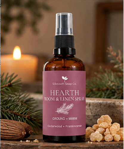 Silktown Soap Co. Hearth Room &amp; Linen Spray in a brown amber glass bottle with a black spray top and a dusty rose label, styled on a rustic wooden surface with a burning candle, pine branches, and warm spices in the background.